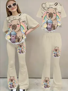 Girls' Sweet Casual Set, 3D Full-Print Capybara Milk Tea Short Sleeve Tee & Bell Pants Two-Piece Set