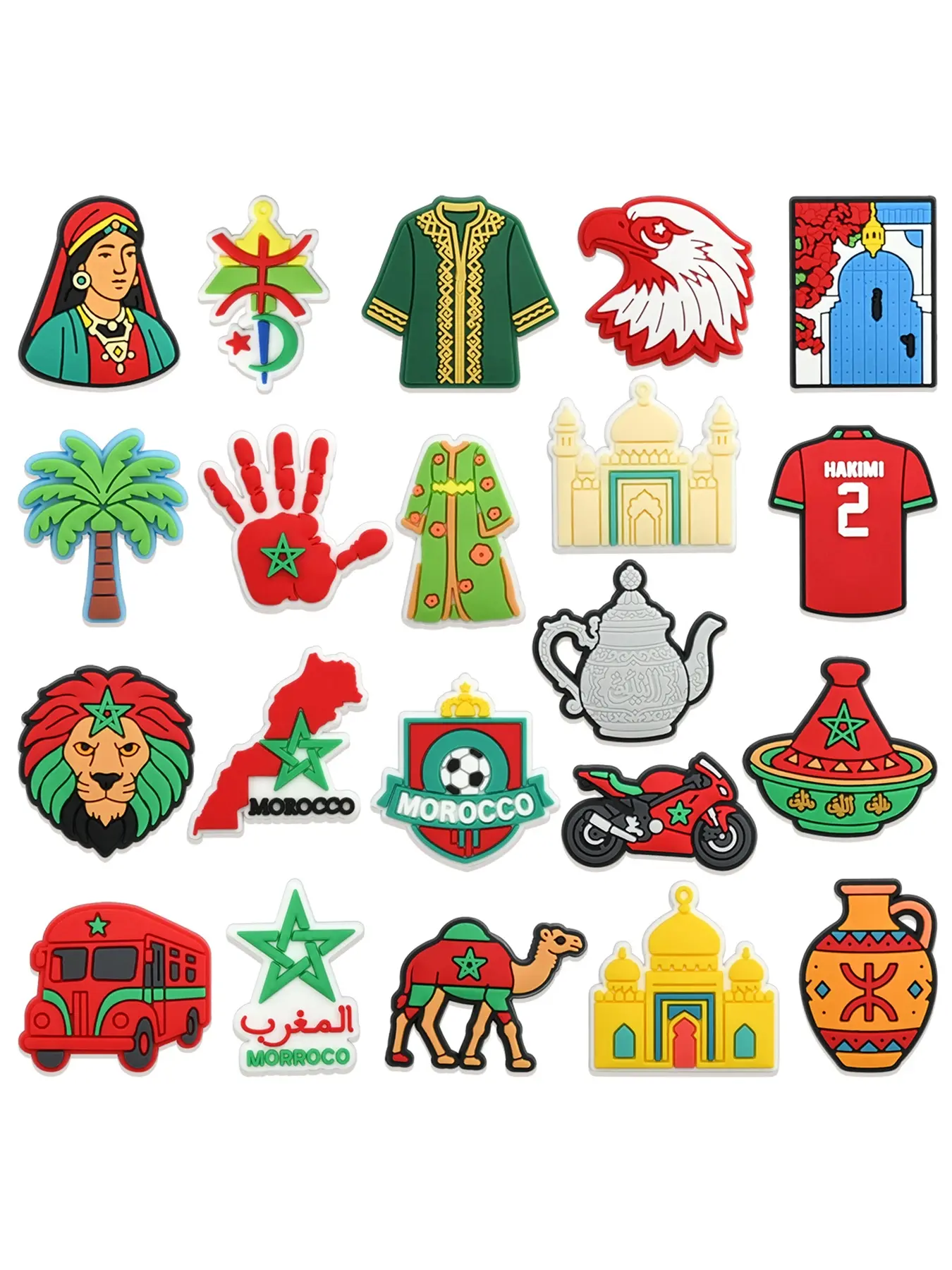 21pcs Cartoon Moroccan National Flag, Traditional Clothing, Football, Architectural Elements Shoe Accessories, PVC Material Beach Bag Decor, Perfect Gift for Birthday, Christmas, Valentine's Day, Halloween