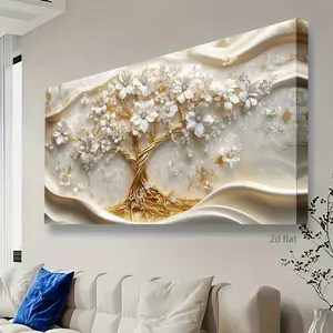 2D Flat, Elegant White Floral Abstract Canvas WallArt -2D Flat Modern Design with Golden Accents, Ready-to-HangWooden Framed Painting for Living Room, Bedroom, or Home OfficeDecor-Perfect Gift for Any Occasion, Room Decor