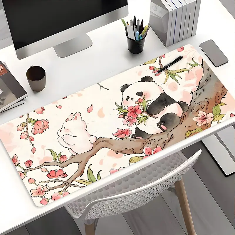 Panda Rabbit Floral Watercolor Art XXL Gaming Mouse Pad, Cute Aesthetic Extended Mouse Pad, Non-Slip Base Stitched Edge, For Office Gaming Big Desk Pad, Ideal Gift