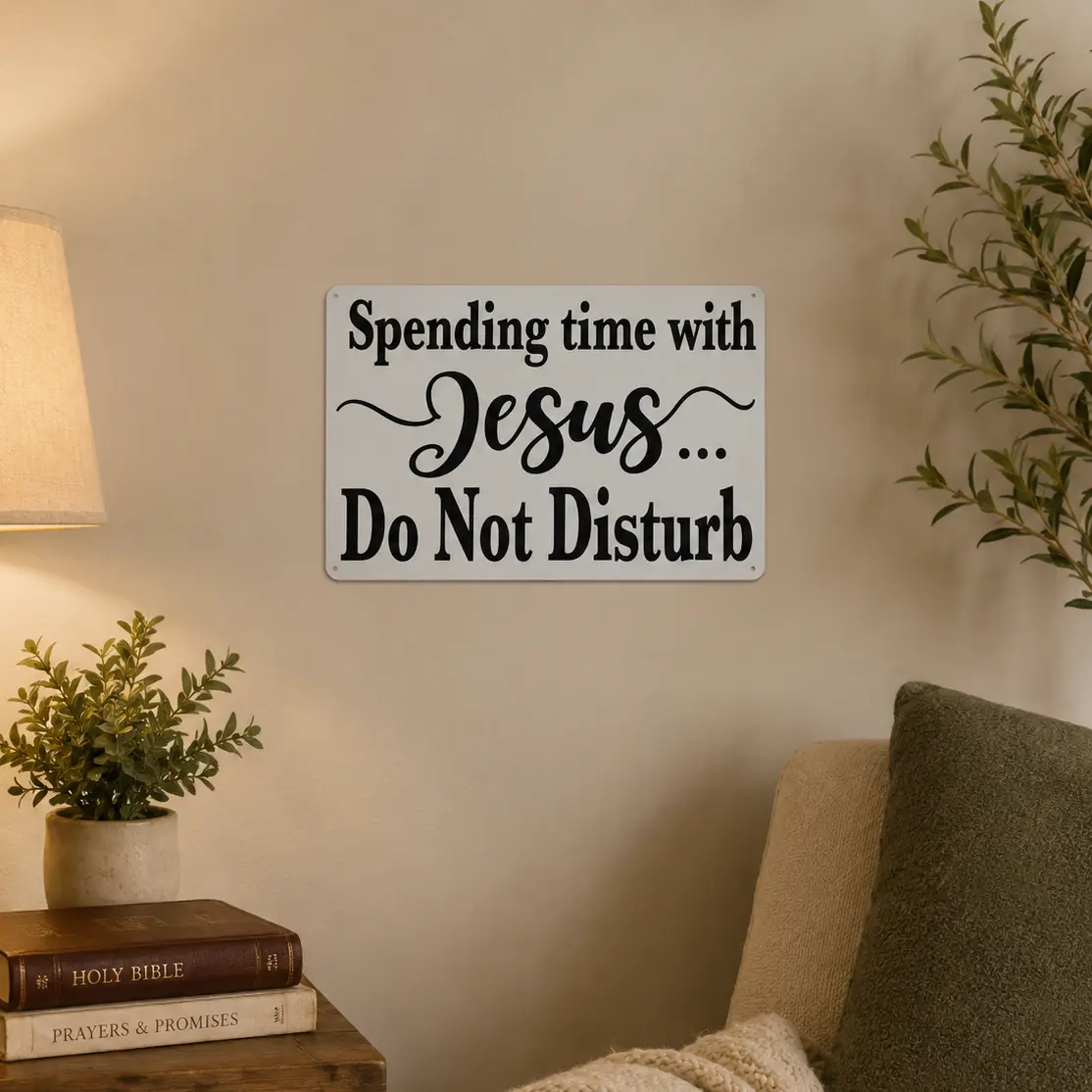 "Spending Time With Jesus Do Not Disturb" Vintage Christian Faith Wall Decor - 12x8 in White Christianity Religious Items, Faith Focus Quote Text Artwork for Prayer Space & Bedroom, Spiritual Seekers