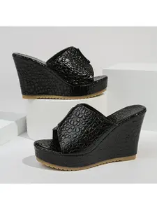 Metallic Crocodile Pattern Platform Wedge Slippers Open Toe Backless Slide Sandals For Party Beach Dress