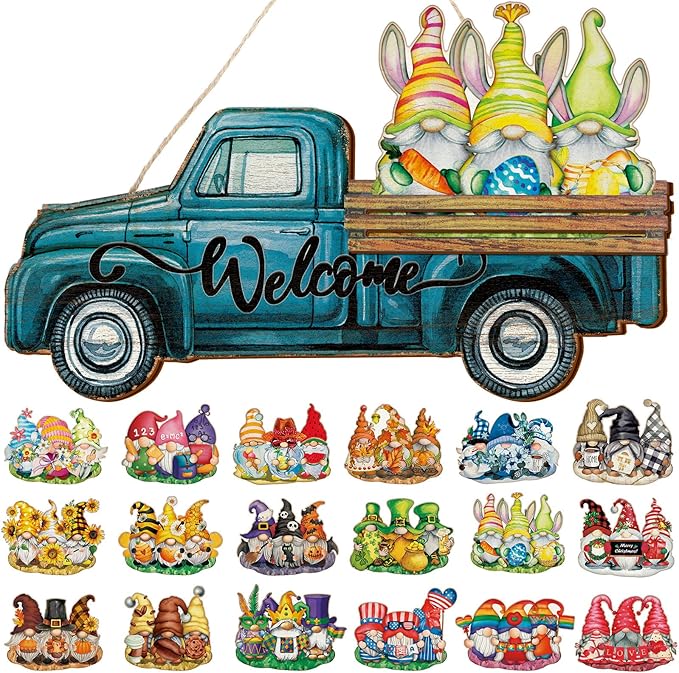 23 Pcs Interchangeable Gnome Welcome Sign for Front Door, Magnetic Seasonal Wooden Truck Door Hanging Decor for Valentines St. Patrick's Day Easter Spring Birthday Holiday Party, Farmhouse Porch Wall Home Decor, Housewarming Gift for Room Office Garden