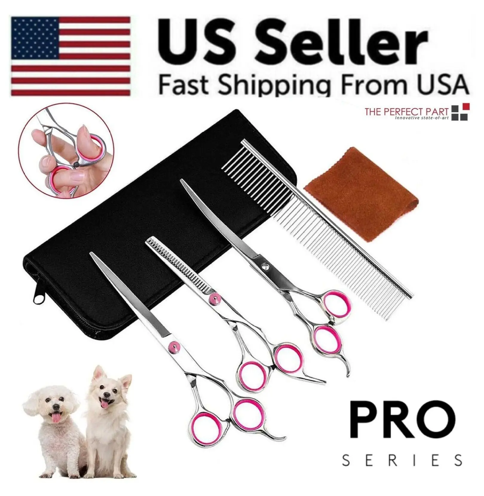 Dog Grooming Scissors Kit - 4cr Hot-Rolled Stainless Steel 6-Inch Hair Cutting Straight, Curved Scissors, Titanium-Coated Thinning Shears with Comb, Adjustable Tension, Ergonomic Mat Removal, Plastic Guards, 8.6" x 3.4" x 0.9" Pet Supplies, 6 Inches, Ergo