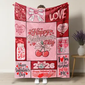Valentine's Day Collage Blanket,Coquette Bows & Cherries "Happy Valentine's Day" Throw Blanket,Romantic Valentine's Gift for Her,Soft Multipurpose Office Bedding Plush Thin Quilt Cozy Warm