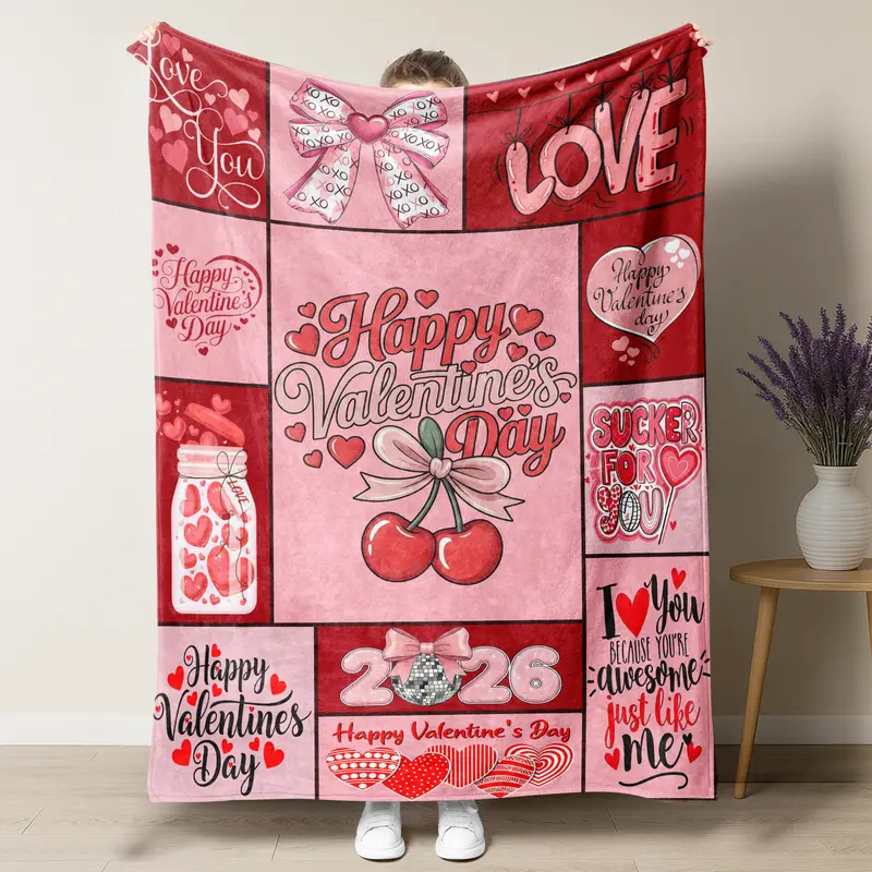 Pink Hearts & Cherry Sherpa Fleece Blanket: Cozy Plush Throw  Deco Cherry Heart Print Plush Throw Blanket display picture 1