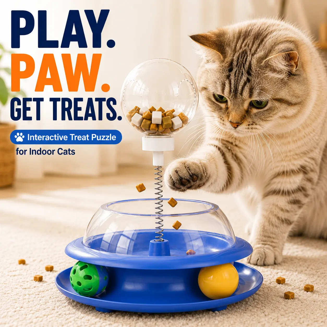 CATMUSE Interactive Cat Slow Feeder Toy - Treat Dispensing Puzzle Toy with Rolling Balls, Spring Food Dispenser, Bonus Feather Ball, Smooth Edges for Indoor Cats, Reduces Boredom, Ideal for Evening Playtime