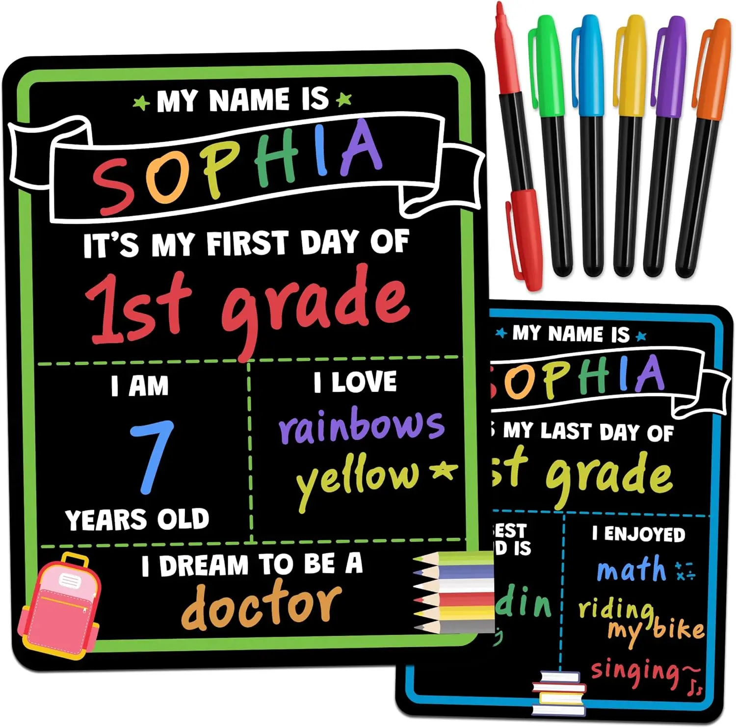14x11 in Double-Sided Reusable First Day of School Sign Board with Liquid Chalk Markers, Back to School Office Stationery, Kindergarten Preschool Supplies