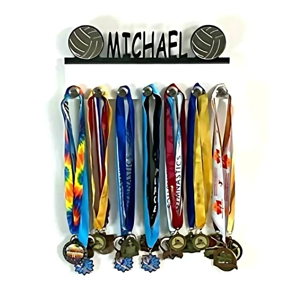 Volleyball Personalized Medal Holder – Custom Sports Award Display Rack, Wall-Mounted Organizer for Ribbons, Medals & Trophies, Handmade Storage for Bedroom, Gym, or Living Room