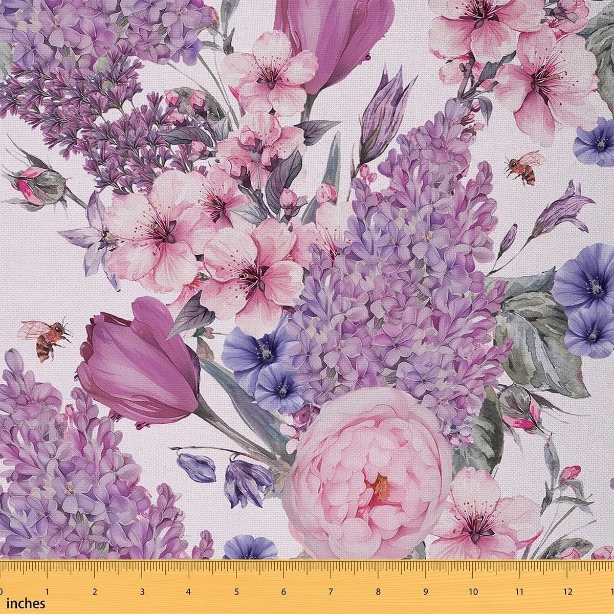Colorful Flowers Fabric Watercolor Lavender Romantic Floral Garden Soft Flannel Polyester No Stretch Sewing Craft Wild Country Style Fabric Women,Purple Pink