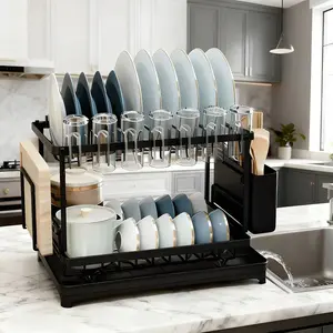 Kitchen Countertop 2-tier Dish Rack, Stainless Steel, with Drain Board, Holds Tableware, Kitchen Storage Rack dishwasher magnet narrow organizer