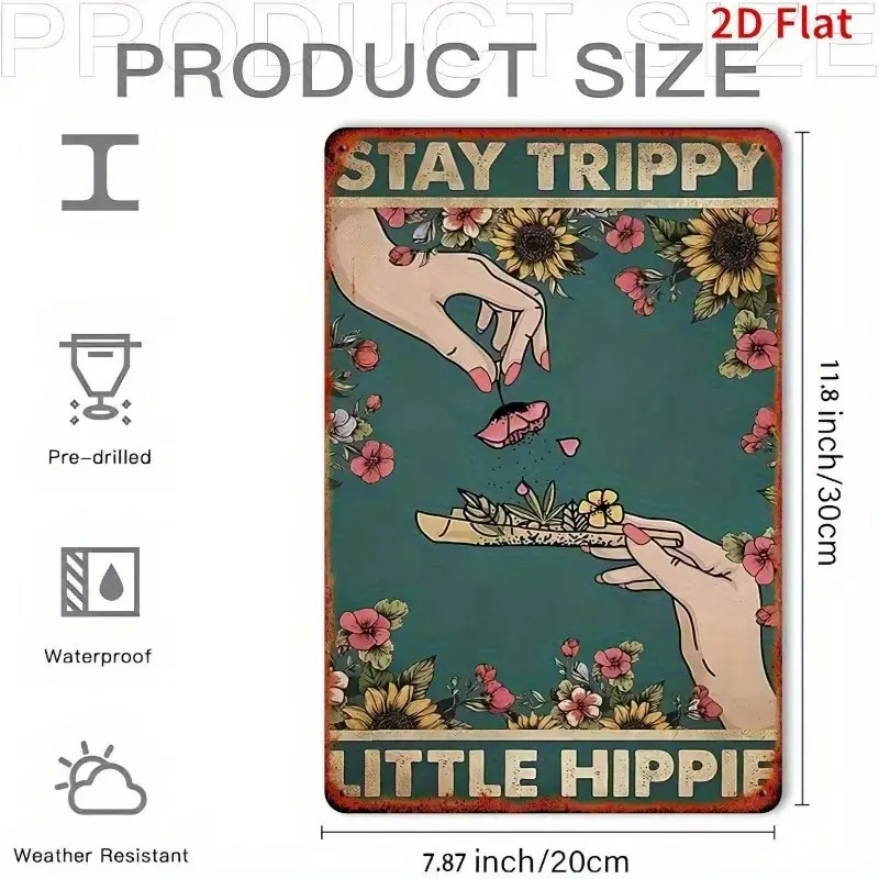 Cast Iron Retro Psychedelic Hippie Wall Art Plaque - 11.8x7.8in 2D Flat Patterned Hanging Painting, Flower & Butterfly Design, Whimsical Aesthetic Home Bedroom Kitchen Decor, Alternative Artistic Hangable Sign, 11.8X7.8 In