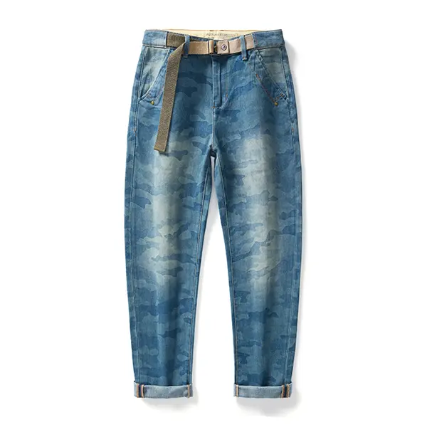 [P473] Men's Classic Stretch Vintage Denim Cowboy Jeans, Western OOTD Flannel-Accent Bottoms Pants Blue