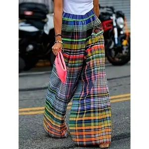 Women’s Street-Style Plaid Wide-Leg Pants – High-Rise Fashion for Casual Wear, Comfortable Fit, Polyester Fabric, Multicolor