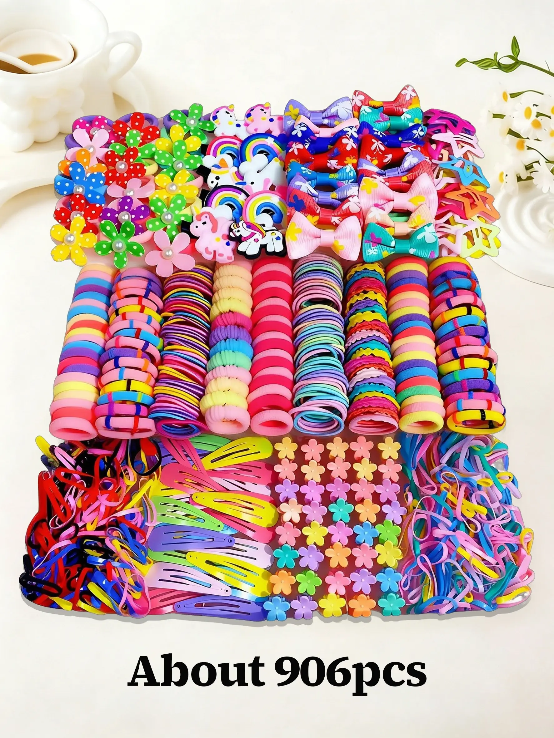 906/907pcs Colorful Cartoon Unicorn Series Girls' Cute Hair Accessories Gift Set, Hair Accessory Set, includes cartoon clips, hair claws, high-elasticity bands, for daily styling, performances, kids' gifts, storage box