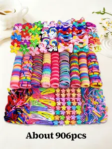 906/907pcs Colorful Cartoon Unicorn Series Girls' Hair Accessories Gift Set, Cute hair accessories, includes cartoon clips, star clips, hair claws, high-elasticity bands, for daily styling, performances, kids' gifts, Optional storage box