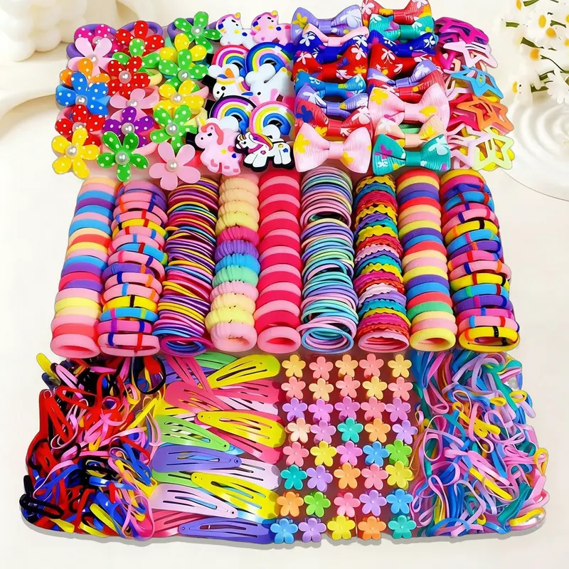 906/907pcs Colorful Cartoon Unicorn Series Girls' Hair Clips & High-Elastic Hair Ties with Storage Box, Hair Accessory Set, Ideal for Performances & Daily Wear, Kids' Gifts, Cute Hair Accessories