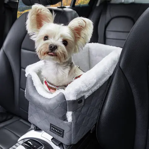 PETSFIT Center Console Dog Car Seat for 10lb Small Dogs - Emergency Brake Protection, Anti-Shake Straps, Safety Hooks, Upgraded Tethers, Soft Plush Edges, Washable Cushion, Reduces Distracted Driving, Portable Carrier Fits Cars, SUVs, Wagons, Trucks