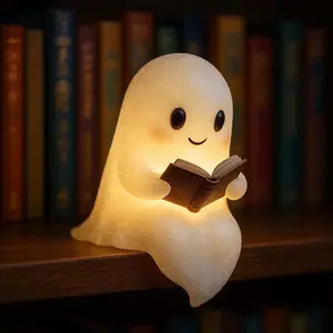 Halloween Decorations for Home Cute Ghost Reading Book Lamp Halloween Light Up Ghost Statue Night Light House Mantel Decor for Home Ghost Warm Lighted Indoor Figurine Lamps for Party 6inch