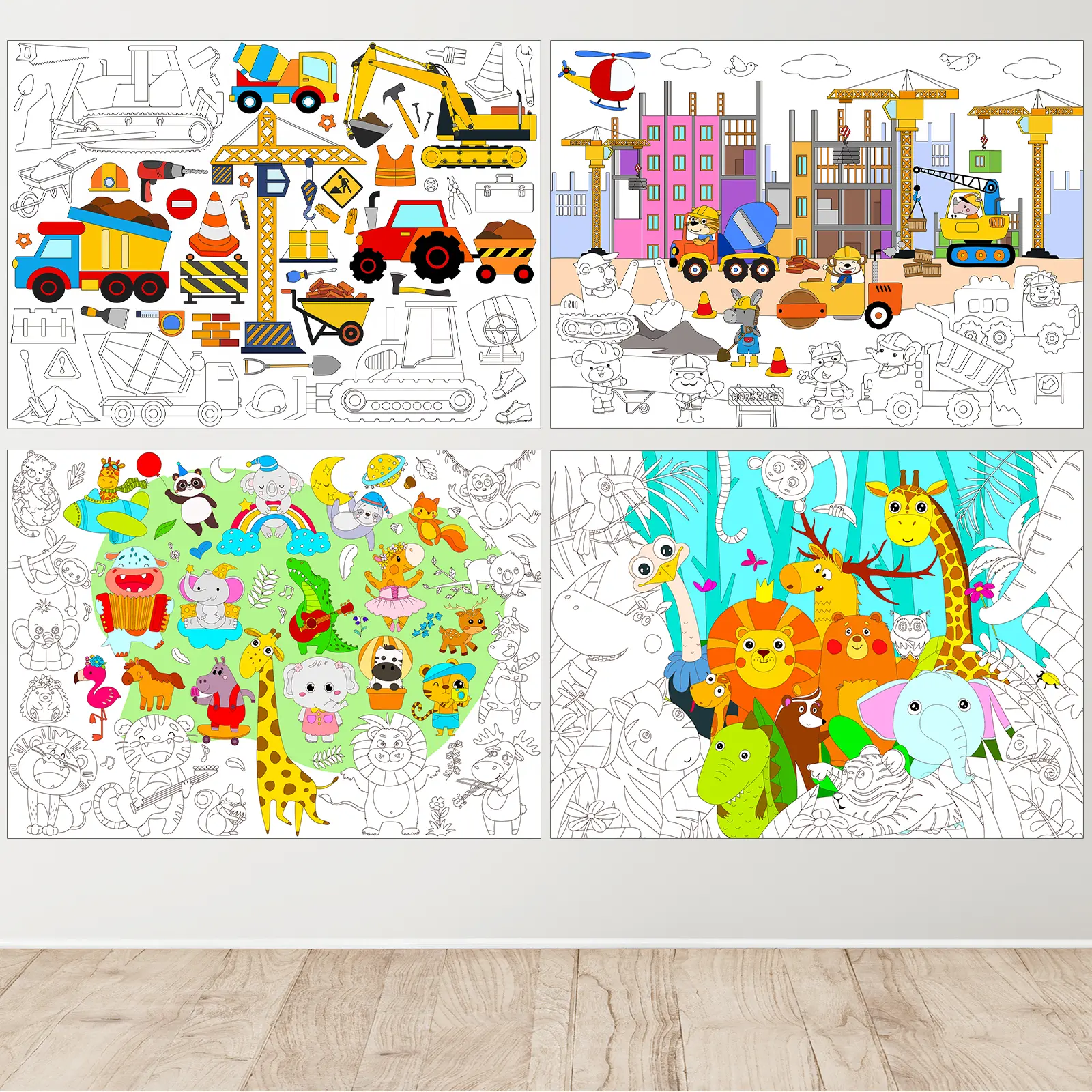 4 Pack Giant Coloring Posters - Jungle Animal & Construction Theme Jumbo Coloring Tablecloth for Kids | Table Wall Coloring Sheets, Class Home Craft Activities, Party Favors, Decorations & Kids Gifts