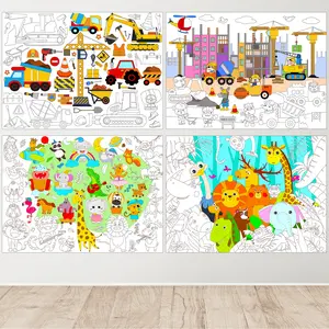 4 Pack Giant Coloring Posters - Jungle Animal & Construction Theme Jumbo Coloring Tablecloth for Kids | Table Wall Coloring Sheets, Class Home Craft Activities, Party Favors, Decorations & Kids Gifts