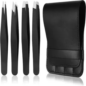 4-Piece Professional Stainless Steel Tweezers Set for Eyebrows & Facial Hair Removal with Ergonomic Grip & Travel Case, Black High-Grade Material, Comfortable Grip & Perfect for Precision Grooming, Durable Makeup Daily Cosmetic