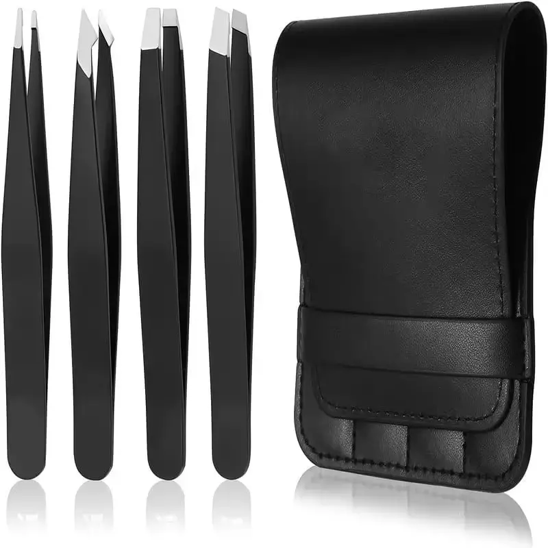 4-Piece Professional Stainless Steel Tweezers Set for Eyebrows & Facial Hair Removal with Ergonomic Grip & Travel Case, Black High-Grade Material, Comfortable Grip & Perfect for Precision Grooming, Durable Makeup Daily Cosmetic