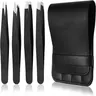 4-Piece Professional Stainless Steel Tweezers Set for Eyebrows & Facial Hair Removal with Ergonomic Grip & Travel Case, Black High-Grade Material, Comfortable Grip & Perfect for Precision Grooming, Durable Makeup Daily Cosmetic