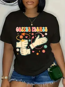 100% Cotton Unisex Coffee Please American Sign Language ASL Teacher Groovy T-Shirt Round Neck Short Sleeve T-Shirt Women's Men Graphic Tee