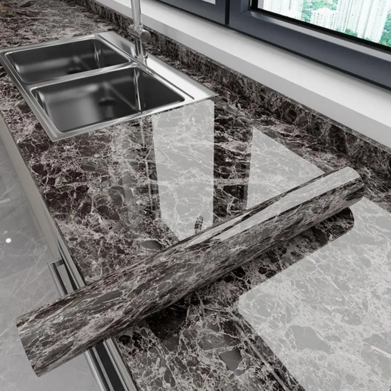 Kitchen Countertop Marble Contact Paper Waterproof Oil Proof Heat Resistant Self Adhesive Aluminum Foil Stove Renovation Decor Peel Stick Wallpaper
