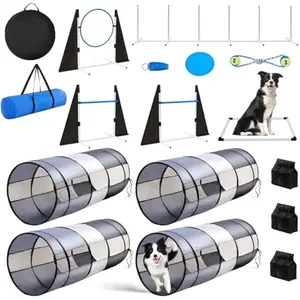 Dog Agility Training Equipment,Course Backyard Set Training Equipment for Dogs Pet Outdoor Game with Grey and Black Tunnel, Agility Hurdle, Poles, Jump Ring, Pause Box, Toy Balls and Storage Bag