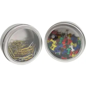 Magnetic Round Paper Clip Holder Container Case Organizer 3.5 x 1.5 Clear Silver (Set of 2)