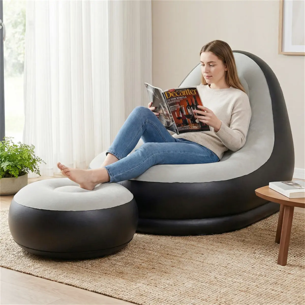 Inflatable Chair with Footrest Ottoman Set, Flocked PVC Blow Up Couch with Built-in Cup Holder, Portable Heavy Duty Air Sofa Lounge, 2 In 1 Inflatable Sofas, Armchair Ottoman Set Inflatable Sofas