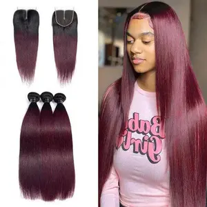 1B/99J Ombre Hair Weave 3 Bundles Pcs Straight with 4x4 Lace Closure 100% Virgin Human Hair