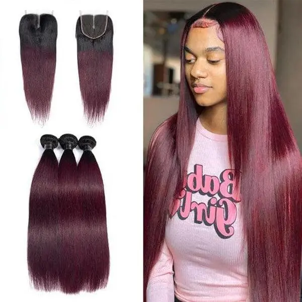 1B/99J Ombre Hair Weave 3 Bundles Pcs Straight with 4x4 Lace Closure 100% Virgin Human Hair