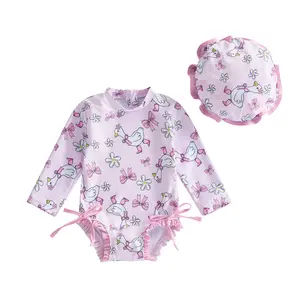 PYBCVRRD Toddler Baby Girl Swimsuit Set Kids Cute Mallard Duck Silly Goose Bow Flower Print Rash Guard Long Sleeve Swimwear and Hat Set 0-3 Years