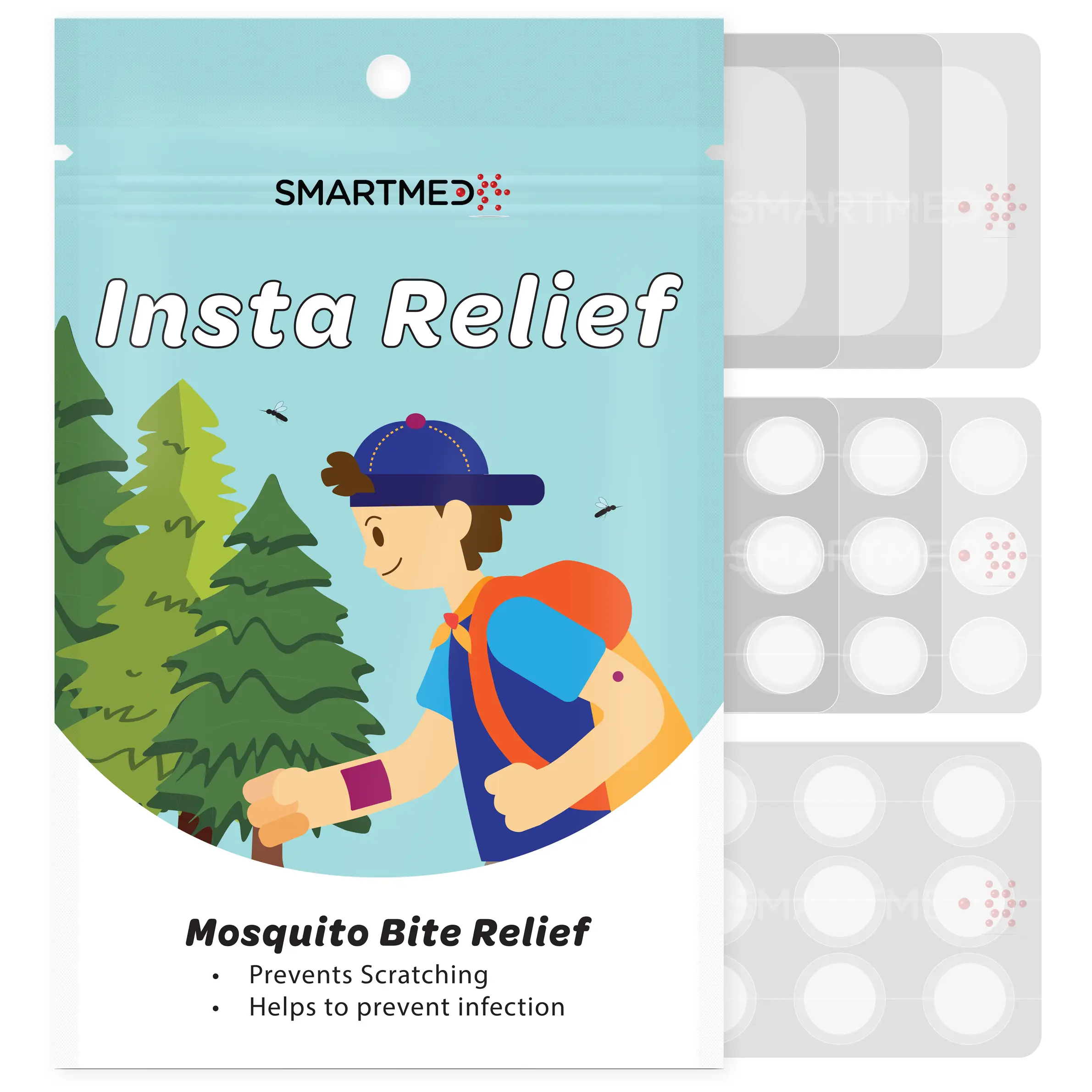 SMARTMED Hydrocolloid Insta Relief Mosquito Bite Patches - Skin-Friendly, Anti-Itch, Fast Relief, Swelling Soothing, Anti-Scratch, Hypoallergenic, Sterile Tested Variety Pack (12 Medium, 3 Large, 45 Small, 60 Total) for All Skin Types, Small Size, Multi-P