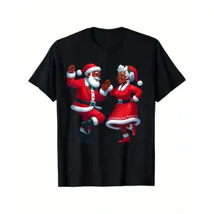 Celebratory Santa and Mrs Claus Dance Graphic Tee with Vibrant Holiday Illustration and Comfortable Fit in Black