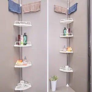 New 4-Tier Bathroom Storage Rack - Space-Saving Wall Shelf Adjustable Shower Caddy Corner Storage Multi-Functional Pole Organizer Essential Home Bathroom Accessories Complete 1-Set Solution Hanging Metal