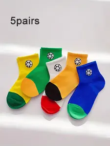 5 Pairs Kids Basketball Pattern Socks, Comfortable Casual Socks for Boys and Girls, All Season Wear, Sporty Style