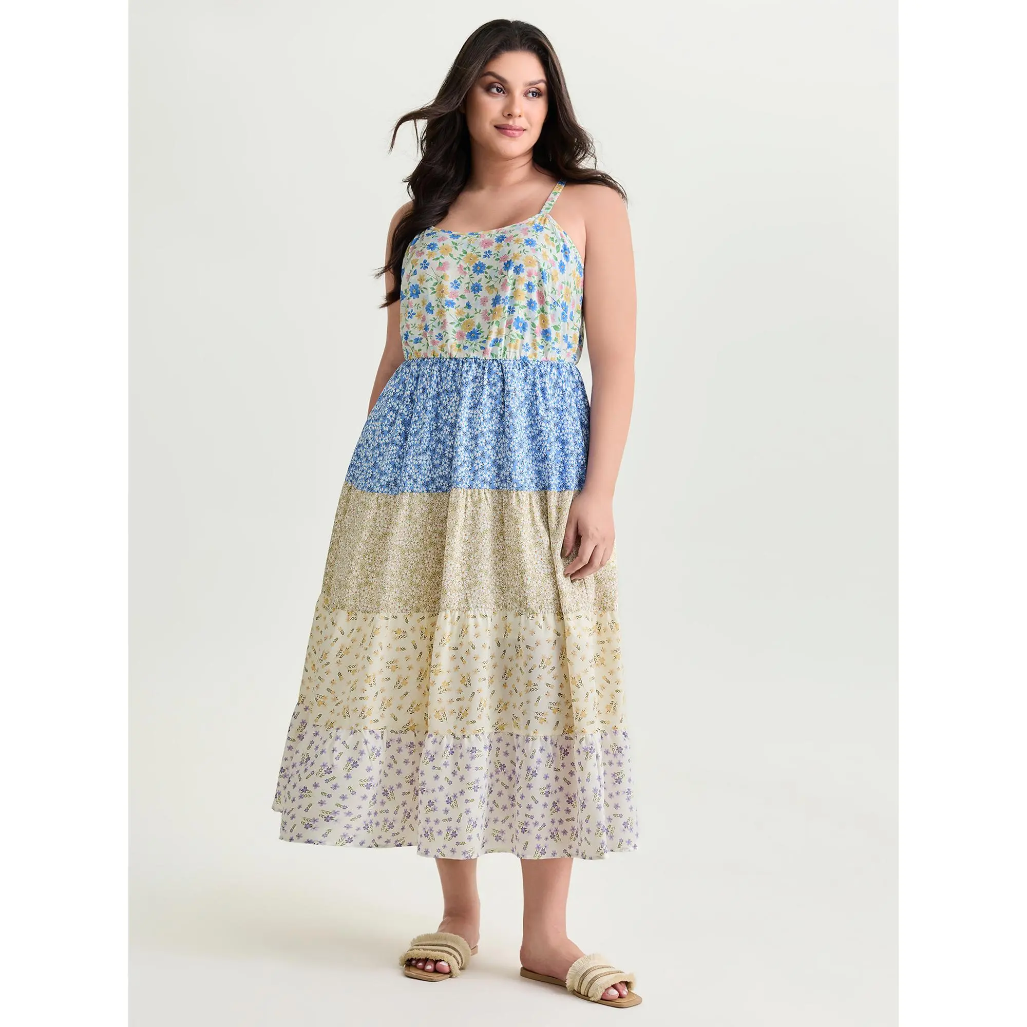 BloomChic Women's Plus Size Bohemian Ditsy Floral Maxi Dress, Sleeveless Multicolor Tiered Summer Casual with Pockets, Lady, Smooth, Garment, Casual Wear, Nylon, Fabric, Low Iron, Polyester, Plus Size Casual Dresses