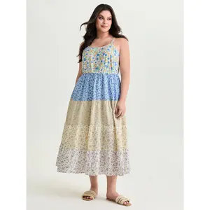 BLOOMCHIC Women's Plus Size Polyester Colorblock Floral Print Tiered Maxi Dress - Smooth Garment with Sleeve Swimweek