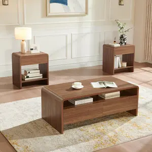 [SummerVibes]AMERLIFE 3-Piece Living Room Table Set, Includes Coffee Table & 2 End Tables, Modern Coffee Table Sets with Large Storage Drawers & Smooth Rounded Edges