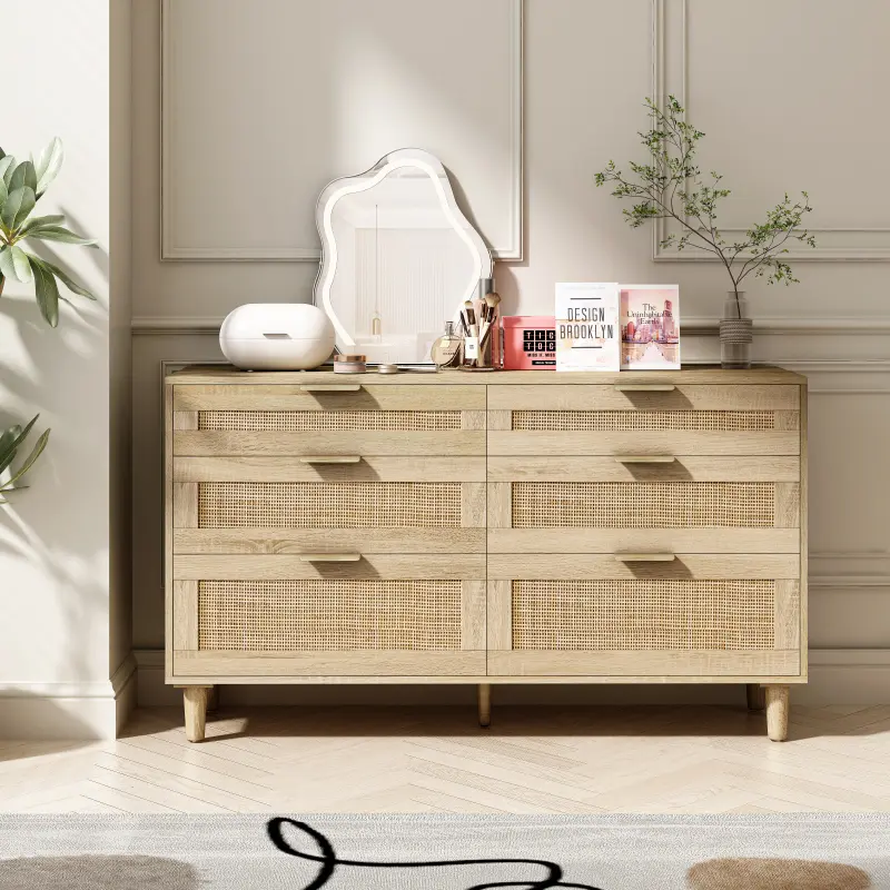 【Bellemave】51" Rattan Dresser with Drawers, 6 Drawer Dresser for Bedroom, Clothes Storage Cabinet for Bedroom, Metal Handle&Wood Legs for Hallway, Living Room, Bedroom,Natural