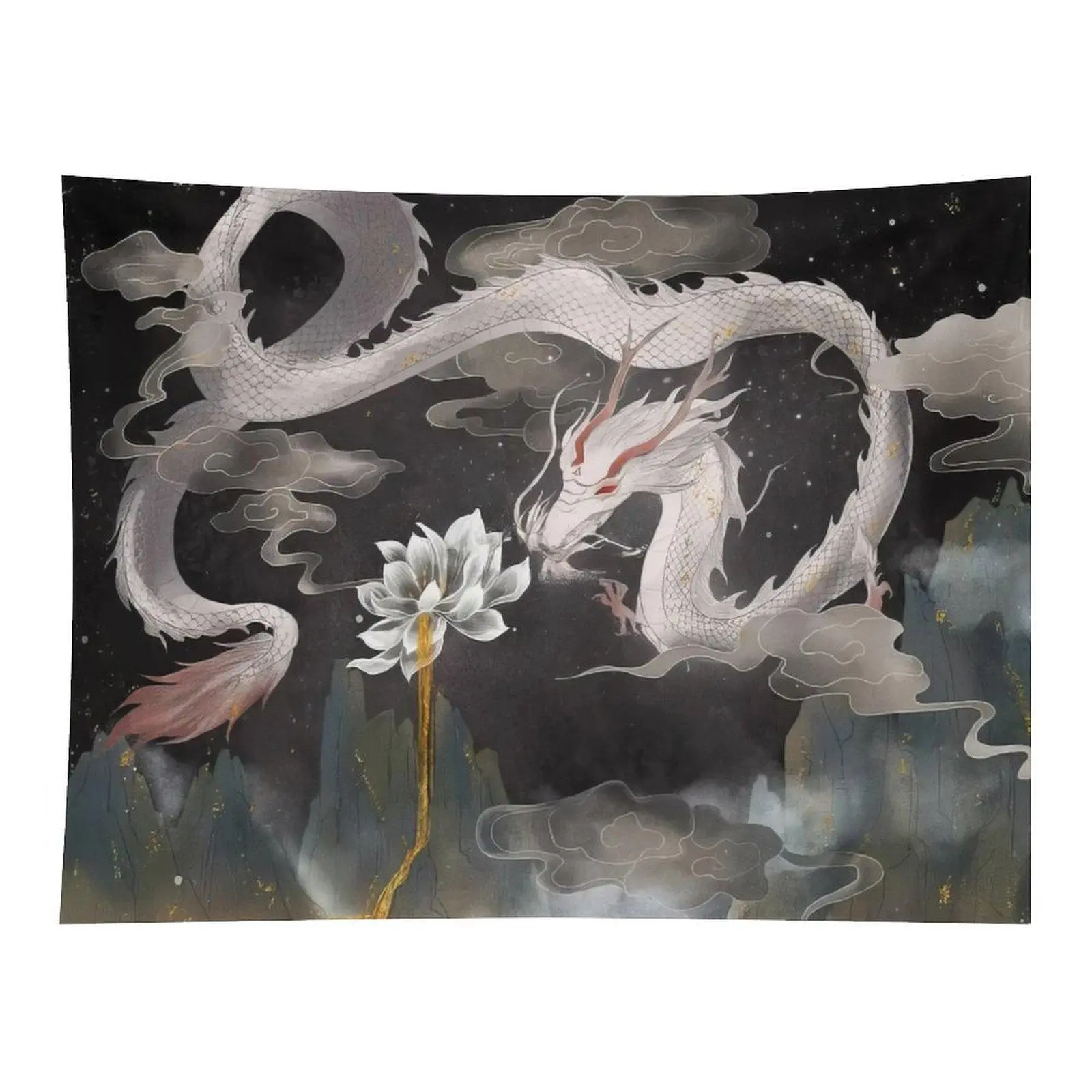 Black Starry Night Sky White Chinese Dragon Golden Lotus Ink Wash Traditional Oriental Fantasy Wall Tapestry For Living Room Zen Decor