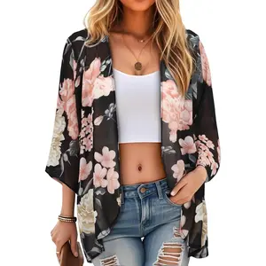 Women's Chiffon Kimono Loose Casual Open Front Cover Ups Clothes Uniforms