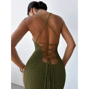 Women Elegant Minimalist Sexy Criss-Cross Backless Slit Bodycon Midi Knit Slip Dress