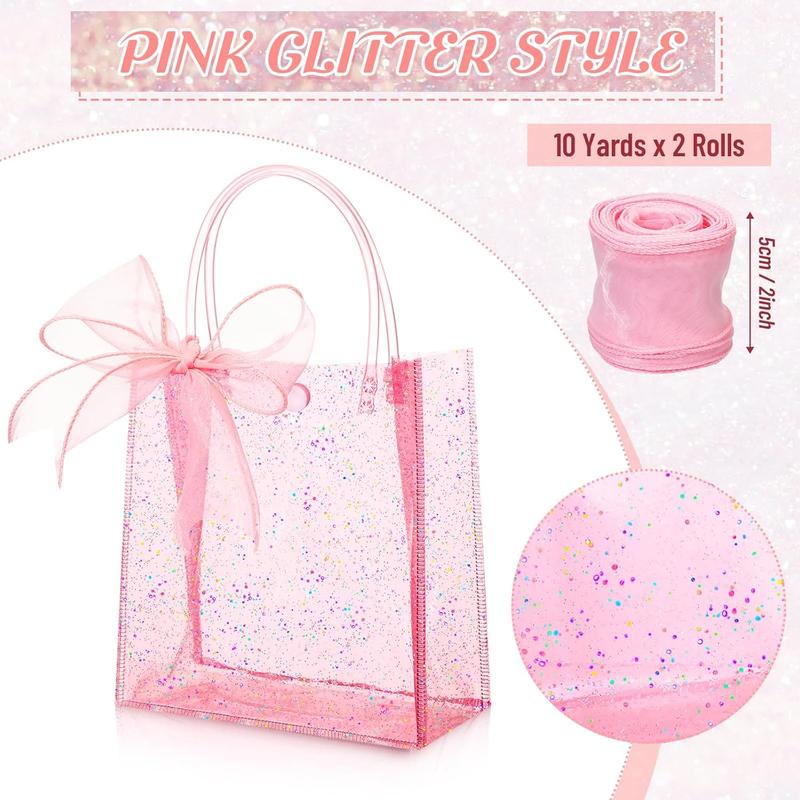 24 count Clear   Bags with Handles 6.1 x 5.9 x 2.8 Inch Wedding Transparent Glitter Tote with Ribbons  PVC  Wrap Bags for  Bridal Shower Birthday Party