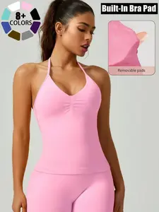 Deep V Women's Tank Top, Longline Backless Scoop Neck Bra Sports Workout Gym Crop Top Slim Fit Ribbed Spaghetti Strap Tank Top Summer Soft V-Neck Camisole Trendy Sleeveless Basic Shirt Athletic Tops
