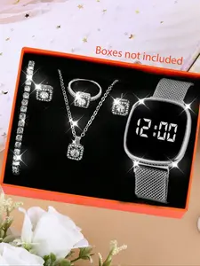 Women's Analog Digital Electronic Exquisite Watch Set, LED Display, Magnetic Buckle Strap, Perfect Gift for Women, Daily Wear Jewelry Accessories